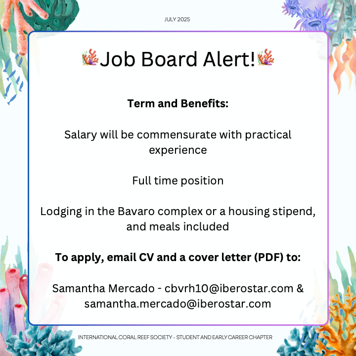 ICRS Student & Early Career Chapter (@icrsreefstudent) on Twitter photo 🚨‼️Tuesday job alert‼️🚨
The Bavaro Coral Lab within the Iberostar Resorts is looking for a Coral Lab Coordinator. To apply, email your CV and a cover letter to Samantha Mercado (cbvrh10@iberostar.com & samantha.mercado@iberostar.com)" 🚨‼️Tuesday job alert‼️🚨
The Bavaro Coral Lab within the Iberostar Resorts is looking for a Coral Lab Coordinator. To apply, email your CV and a cover letter to Samantha Mercado (cbvrh10@iberostar.com & samantha.mercado@iberostar.com)"