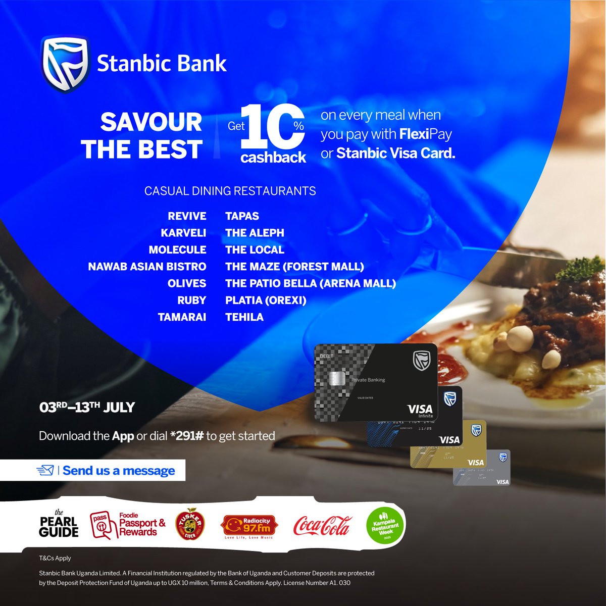 stanbicug's tweet photo. Get 10% cashback on every meal when you dine at any of these amazing casual and signature dining restaurants.
From Asian cuisine to local favorites, there's something to satisfy every taste bud.

Simply pay with #FlexiPay or your #StanbicVisaCard.

#KampalaRestaurantWeek https://t.co/PcEL8mYfe9