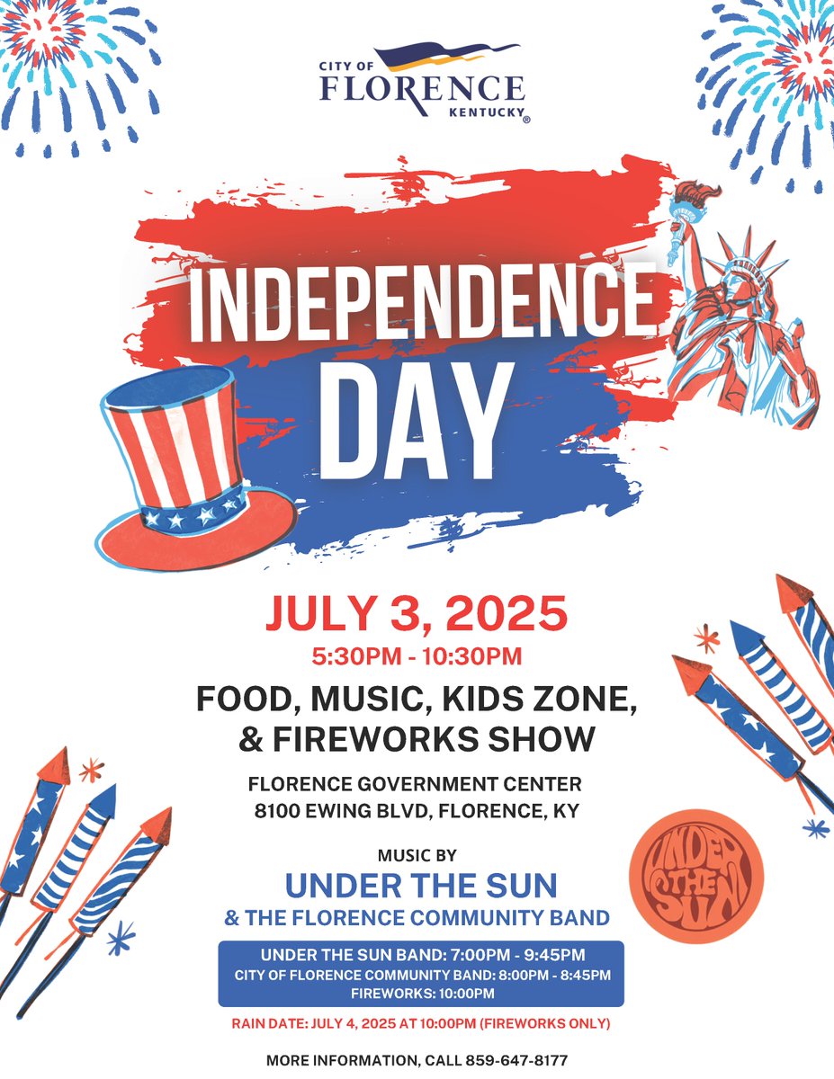 🎉 Just days away! Join us July 3 at Florence Government Center for food trucks 🍕🌮, live music 🎸🎶, Kids Zone 🎈, &amp; fireworks 🎆 at 10 PM! FREE &amp; fun for all ages! 🪑👨‍👩‍👧‍👦 Questions? Call 859-647-8177. Watch socials for weather updates! #FlorenceKY #July3Fun