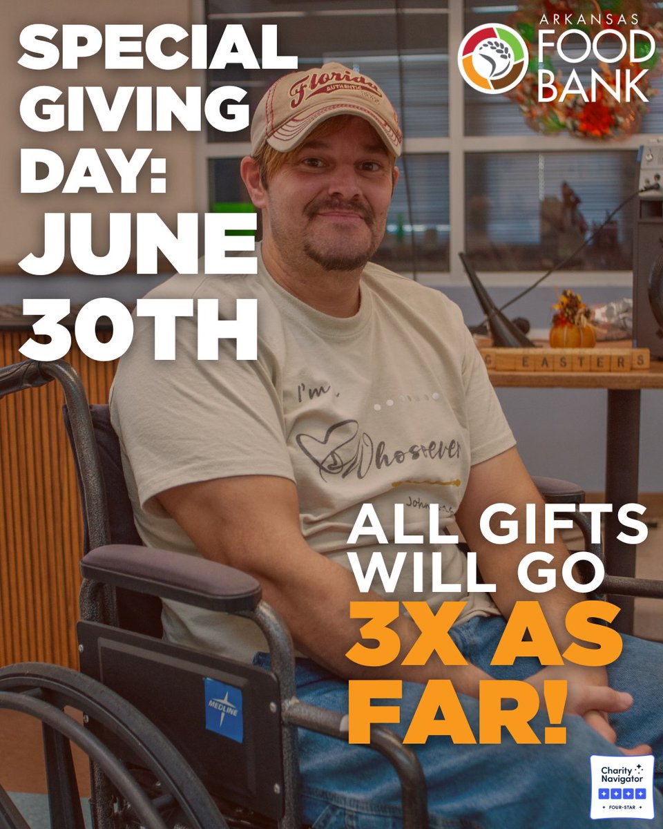 Thanks to a generous donor, TODAY ONLY, ALL donations will be TRIPLED! Make your gift go three times as far -- that's 3x as many meals for Arkansans facing food insecurity. Just $5 will provide 75 meals!! Join us in the fight against hunger. Donate now: arkansasfoodbank.org/?form=FUNBQTNS…