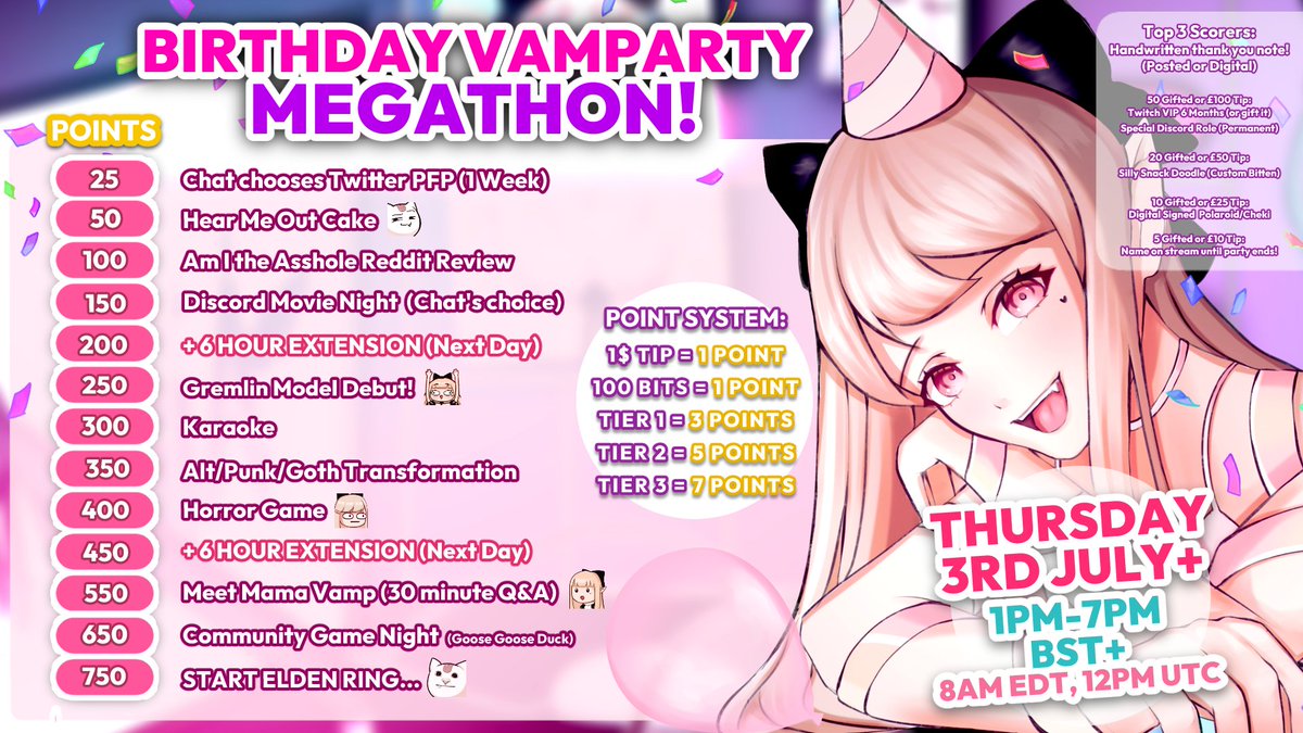 ⭐️BIRTHDAY VAMPARTY MEGATHON!⭐️

You're invited! 💌Celebrate my birthday with me and the snacks! Lots of silly goals and fun activities planned 🎂

Tips, subs &amp; bits are converted into points to reach the goals!

📅July 3rd (My birthday!)
⏰1pm-7pm BST (w/ potential extensions!)