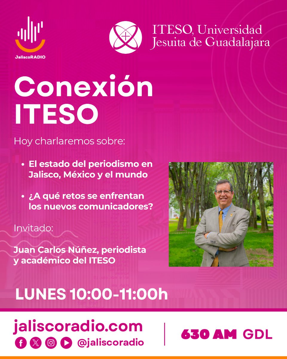Hoy es día de escuchar #ConexiónITESO 🎧
En la transmisión de hoy hablaremos sobre el estado del periodismo local, nacional y en el mundo y de los retos que enfrentan los nuevos comunicadores.
Sintonicen la transmisión, a las 10 am, en <a href="/JaliscoRadio/">Jalisco Radio</a> (630 AM).