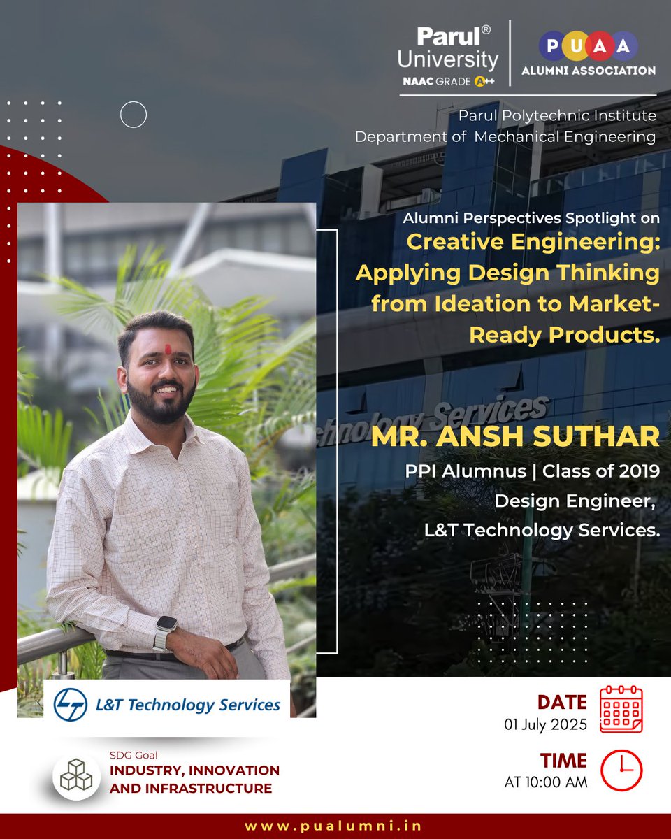 ParulAlumni's tweet image. PU Alumni Association brings you an Alumni Perspective Spotlight Session with Mr. Ansh Suthar, our proud PPI alumnus from the class of 2019 and now working as a Design Engineer at L&amp;amp;T Technology Services!

#AlumniPerspective
#PPI #Classof2019
#PUAlumniAssociation
#ParulUniversity