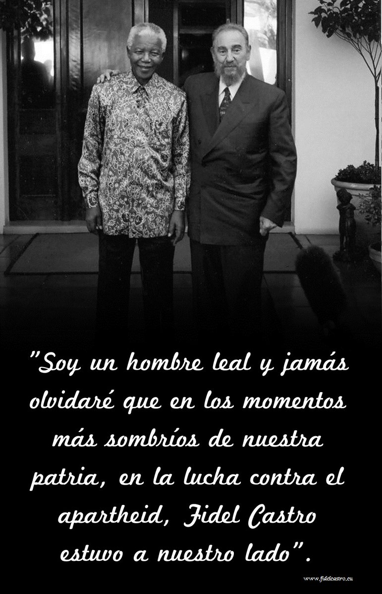 ✍️El político, ex presidente de Sudáfrica Nelson Mandela acerca de #FidelCastro expresa: "Soy un hombre leal y jamás olvidaré que en los momentos más sombríos de nuestra patria, en la lucha contra el apartheid, Fidel Castro estuvo a nuestro lado".

👉bit.ly/2uvvgix