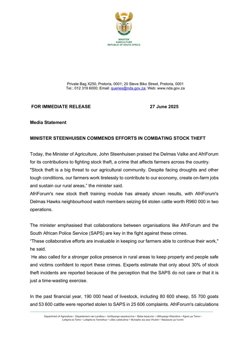 jsteenhuisen's tweet image. I want to commend the Delmas Valke and AfriForum for their contributions to fighting stock theft, a crime that affects farmers across the South Africa. These collaborative efforts are invaluable in keeping our farmers able to continue their work.