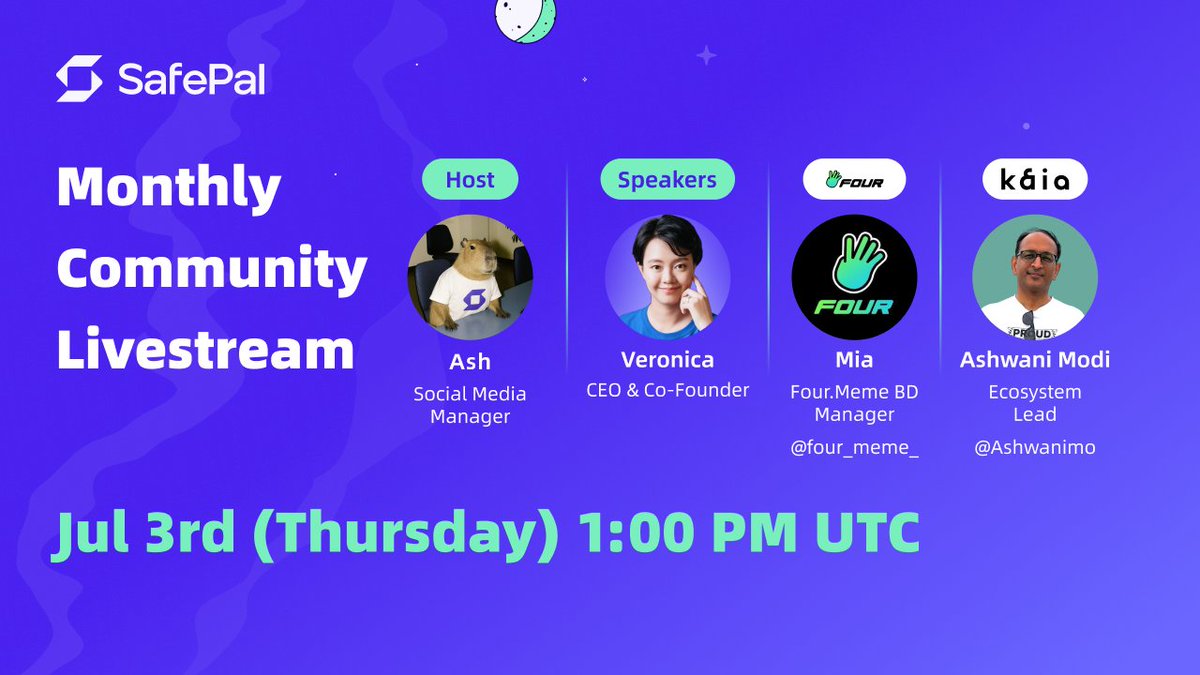 We’re back — and it’s gonna be BIG 🔥
SafePal June Community AMA is live this week with CEO <a href="/V_SafePal/">Veronica</a>, guests from <a href="/four_meme_/">Four.Meme</a> &amp; <a href="/KaiaChain/">Kaia</a>  dropping alpha you won’t want to miss 👀

💥 Massive GiftNow prizes up for grabs
🗓️ July 3rd | 1:00 PM UTC
📍 Streaming live on X &amp;