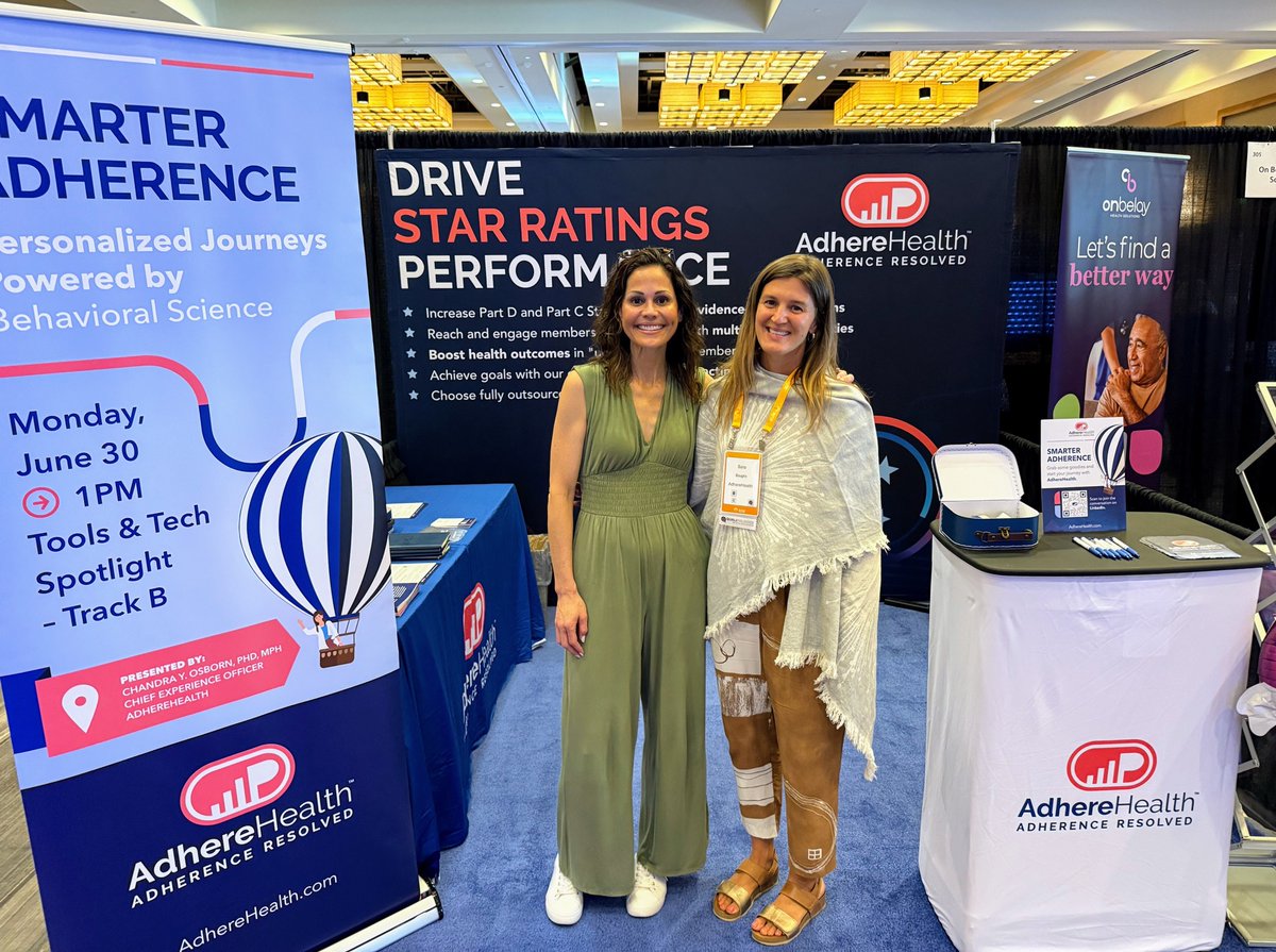 We’re live at #RISEQualipalooza! Visit AdhereHealth Booth #307 to explore Stars, adherence and behavioral science-driven member engagement.

Don’t miss our Tech &amp; Tools Spotlight today at 1PM with our CXO, Dr. @ChandraOsborn, pictured w/ Sara Baughn, SVP of Business Development.