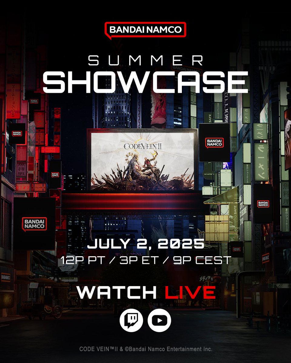 CodeVeinGame's tweet image. Learn more about the world, the mysterious Revenant girl Lou, and her role in the tale across time of CODE VEIN II at the Bandai Namco Summer Showcase.
Watch the global livestream July 2 at 12pm PT / 3pm ET / 9pm CEST / 4am JST
🔴 youtube.com/live/fSoTEO-nt…