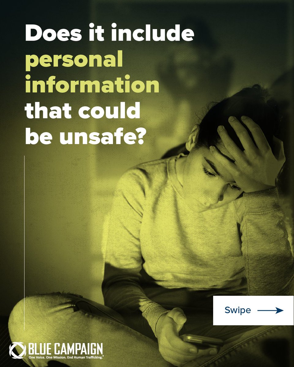 DHSBlueCampaign's tweet image. Before you hit send on your next post, consider these questions to make sure you’re protecting yourself from predators like traffickers.
Learn more ways to stay safe online at go.dhs.gov/JyL.
#NationalSocialMediaDay #SocialMediaSafety #EndTrafficking