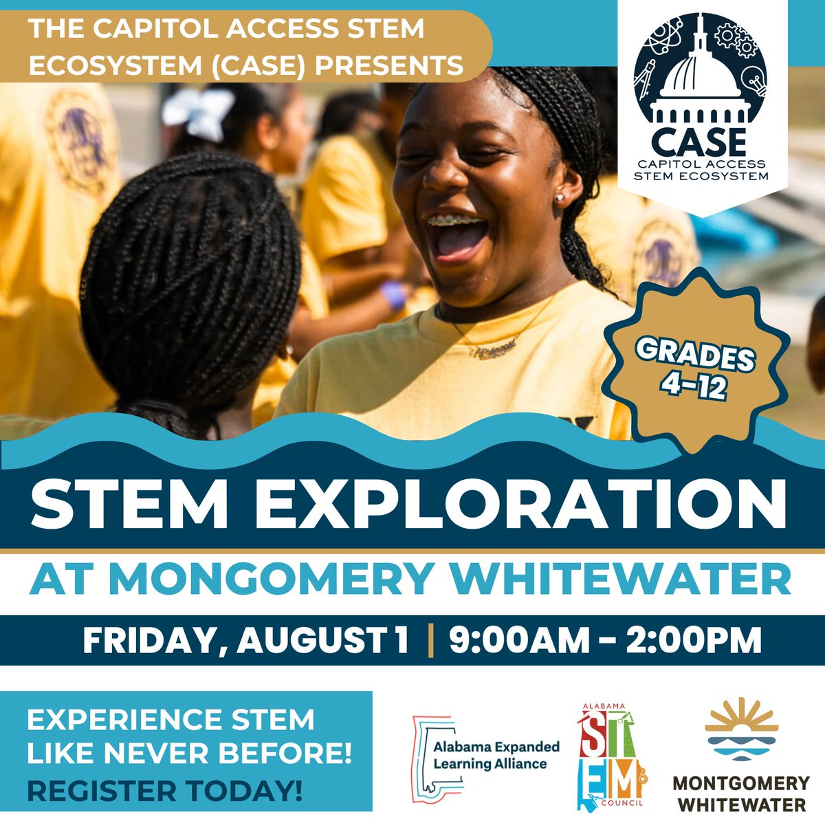 Calling all youth programs, churches &amp; community orgs!
Get ready for STEM Exploration at Montgomery Whitewater on August 1st—a FREE, fun-filled day of hands-on STEM activities for youth!
alabamaexpandedlearningalliance.org/case/stem-expl…