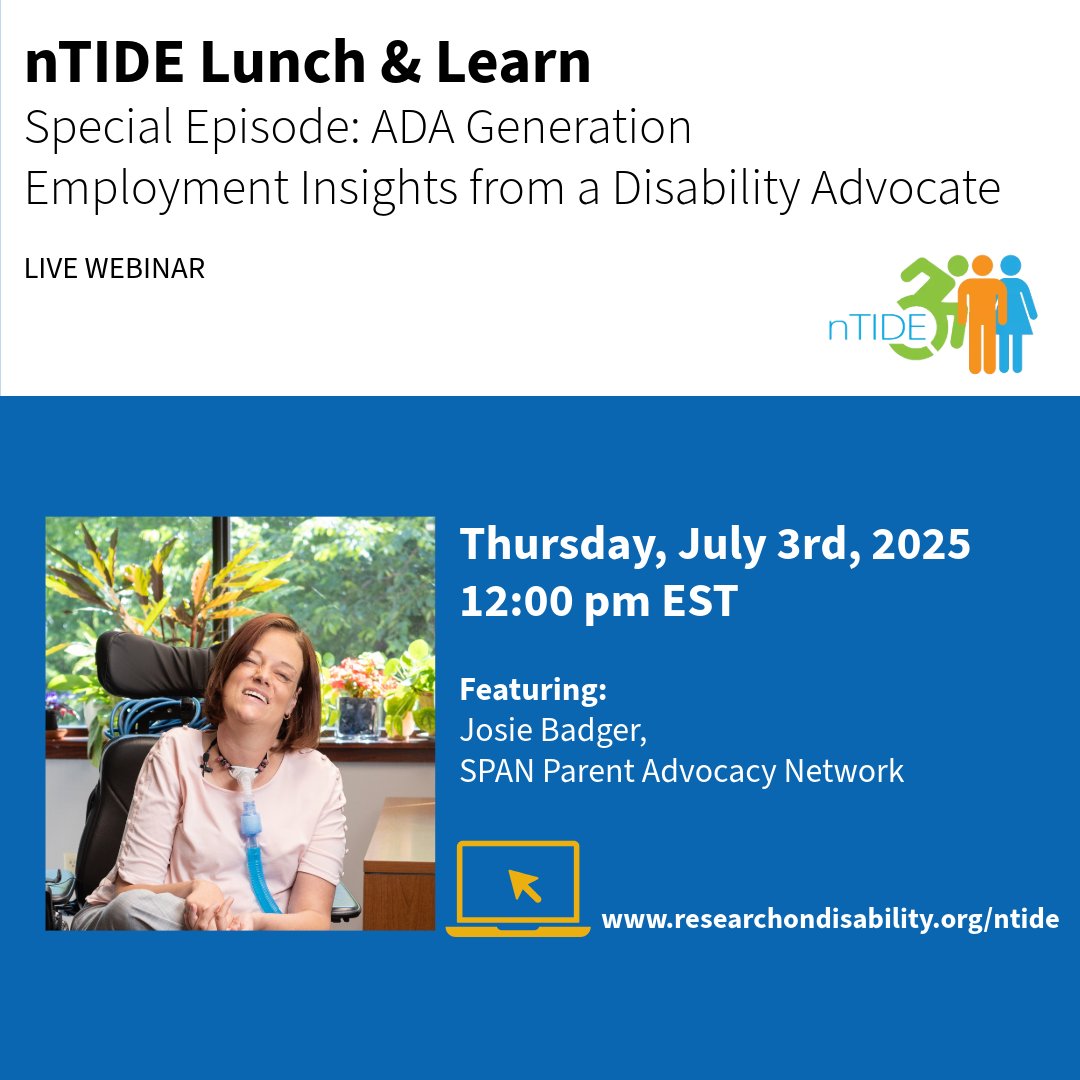 In honor of the 35th anniversary of the ADA, nTIDE will be an extended hour-and-a-half episode for deeper insights.  Join us Thursday, July 3, 2025 at 12pm EST (yes Thursday in lieu of the Holiday) - researchondisability.org/ntide-lunch-le…
#ADA35 #DisabilityStats #UNHIOD #UNHCHHS