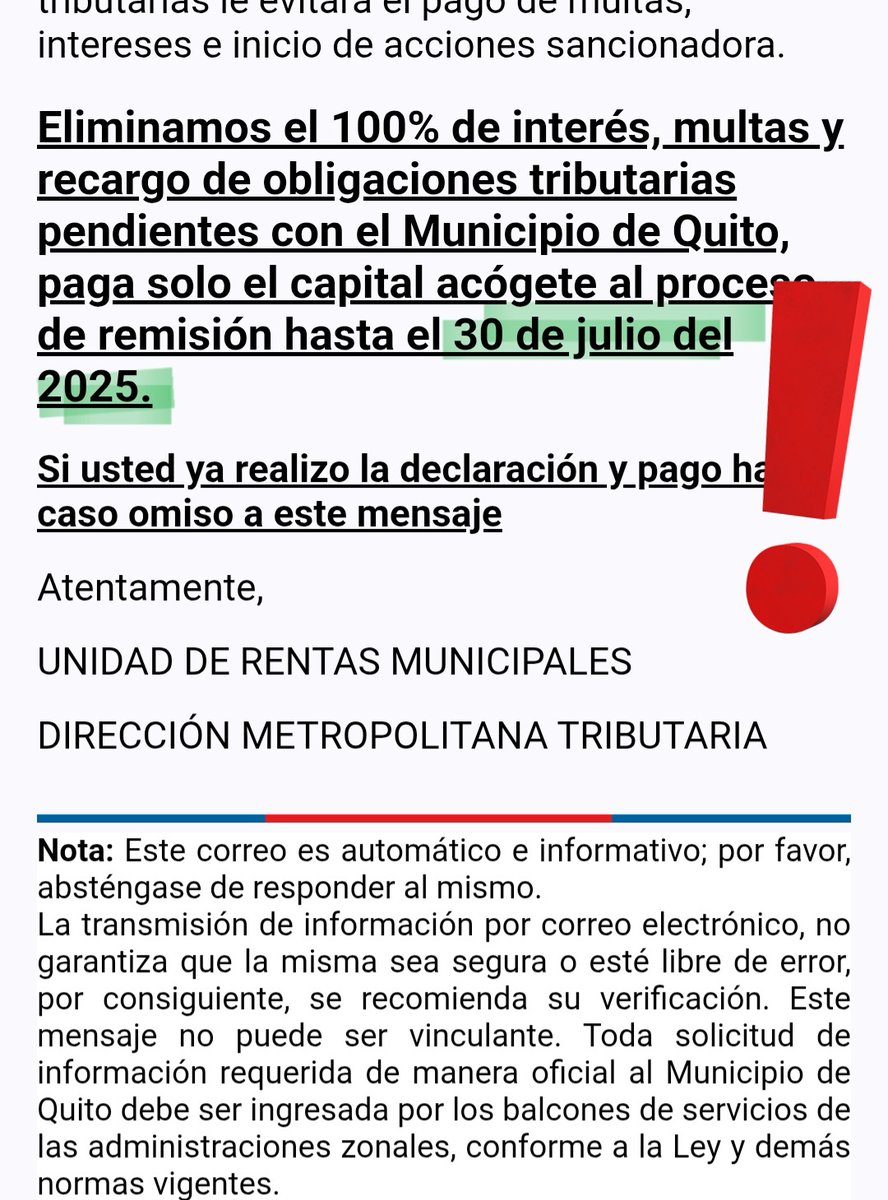PaulAlulema2's tweet photo. @MunicipioQuito En mi correo recibí info que se elimina intereses hasta el 30 de julio, llamo al Call Center para conocer el proceso que tengo pendiente y dicen que solo es hasta hoy (junio). Porqué remiten información falsa a los correos? Ahora deben ampliar el plazo y cumplir @pabelml https://t.co/mmvy8XnSAT