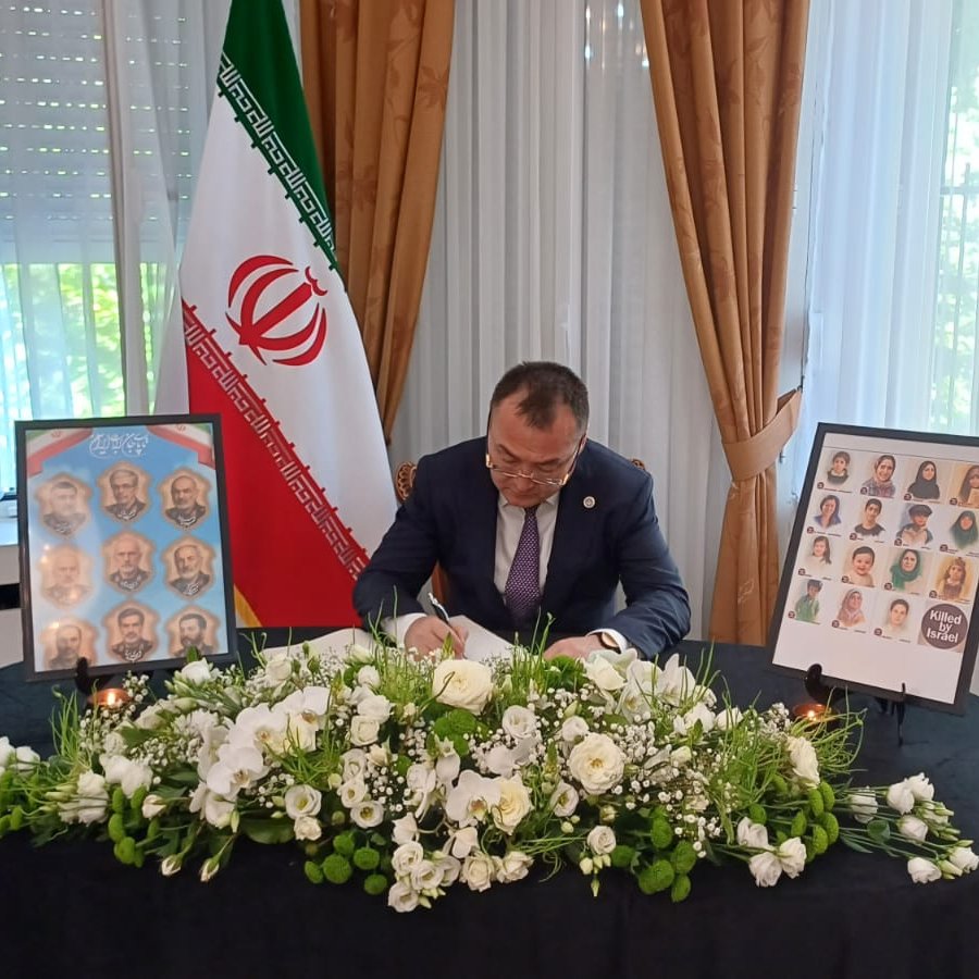 kgembassybe's tweet image. Ambassador Aidit Erkin visited the Iranian Embassy in Brussels, signed the book of condolences, and conveyed sympathies to the families of the victims in a meeting with the Iranian Ambassador @ARobatjazi.
