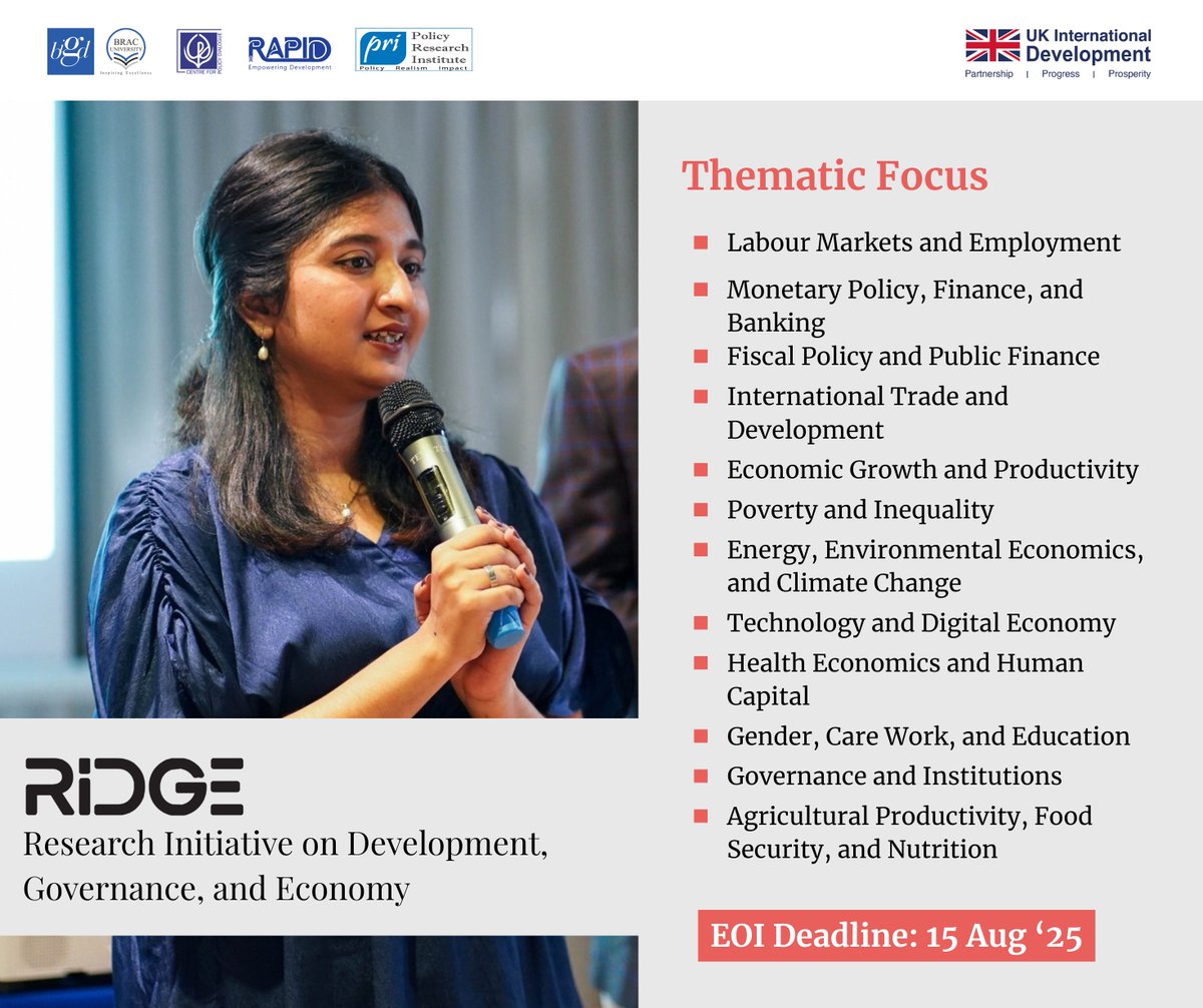 💡RIDGE supports policy-relevant research that explores new and innovative uses of secondary data across 12 dynamic thematic areas.

Submit your Expression of Interest now for an opportunity to bring your research idea to life.

🔗Link: bigd.bracu.ac.bd/all-projects/t…