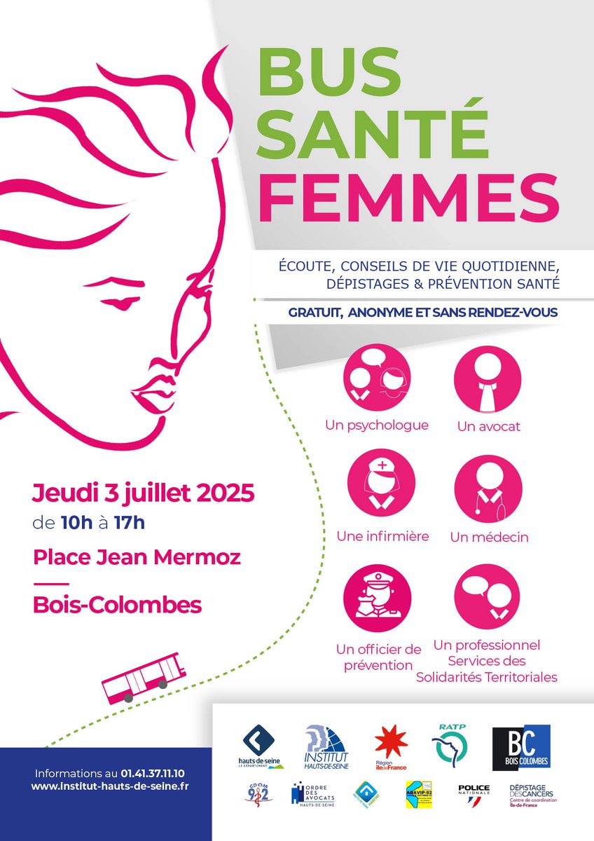 instituthds's tweet image. 📢 Cette semaine, le #BusSantéFemmes donne rendez-vous aux femmes de @VilledeMeudon et #BoisColombes (@hautsdeseinefr) ! 🚌🩺

📅 Mardi 1er juillet 📍 Pl. de l&apos;Eglise / Av. du Général de Gaulle 🕙 10h-16h
📅 Jeudi 3 juillet📍Pl. Jean Mermoz 🕐 10h-17h

🔗 Plus d&apos;infos 👉…