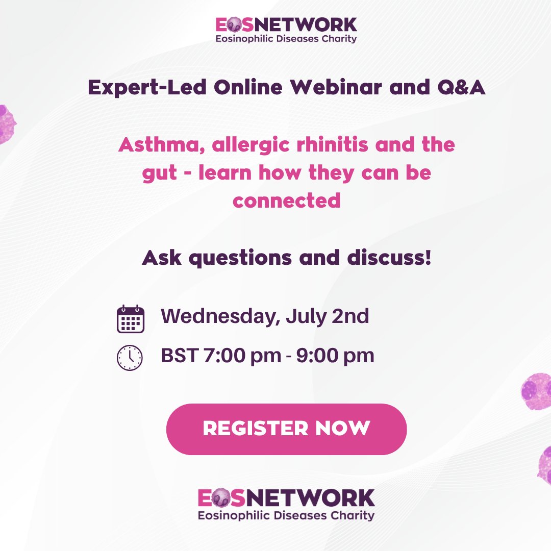 EOS Network Eosinophilic Diseases Charity (@charityeos) on Twitter photo 🟣 Have you checked your joining link? Our free online webinar with Dr Pujan Patel, <a href="/RBandH/">Royal Brompton and Harefield</a> <a href="/imperialcollege/">Imperial College London</a>, is this Wednesday.
Not signed up yet? There's still time to join us:👇
👉 ow.ly/SHh050Wie9j
#EGID #EoE #LungHealth #SevereAsthma #ChronicCough #ChronicRhinitis 🟣 Have you checked your joining link? Our free online webinar with Dr Pujan Patel, <a href="/RBandH/">Royal Brompton and Harefield</a> <a href="/imperialcollege/">Imperial College London</a>, is this Wednesday.
Not signed up yet? There's still time to join us:👇
👉 ow.ly/SHh050Wie9j
#EGID #EoE #LungHealth #SevereAsthma #ChronicCough #ChronicRhinitis