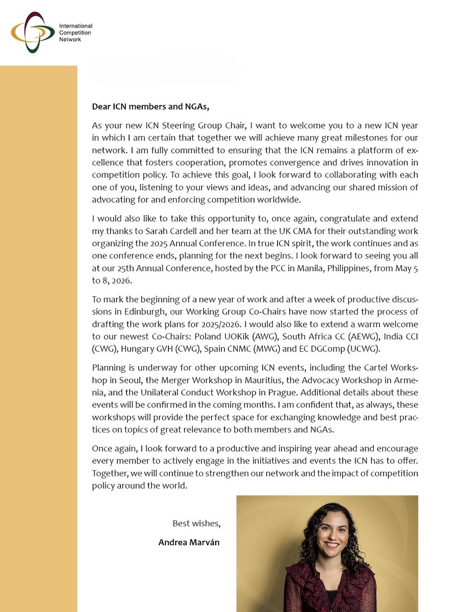 IntCompNetwork's tweet image. A new ICN year begins! Read a welcome message from our new Chair, @a_marvan, on her vision for cooperation, innovation &amp;amp; global impact in competition policy. 🌍📩
Start the journey with us:
#ICN #CompetitionPolicy