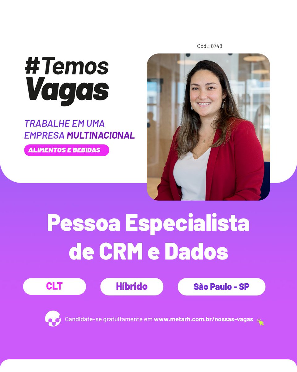 ametarh's tweet image. 📣 Oportunidade em São Paulo – SP! #TemosVagas

Quer atuar em uma empresa multinacional do setor de alimentos e bebidas? Estamos em busca de uma Pessoa Especialista de #CRM e #Dados para uma posição efetiva em modelo híbrido.

Saiba mais em: x.gd/jDj1z