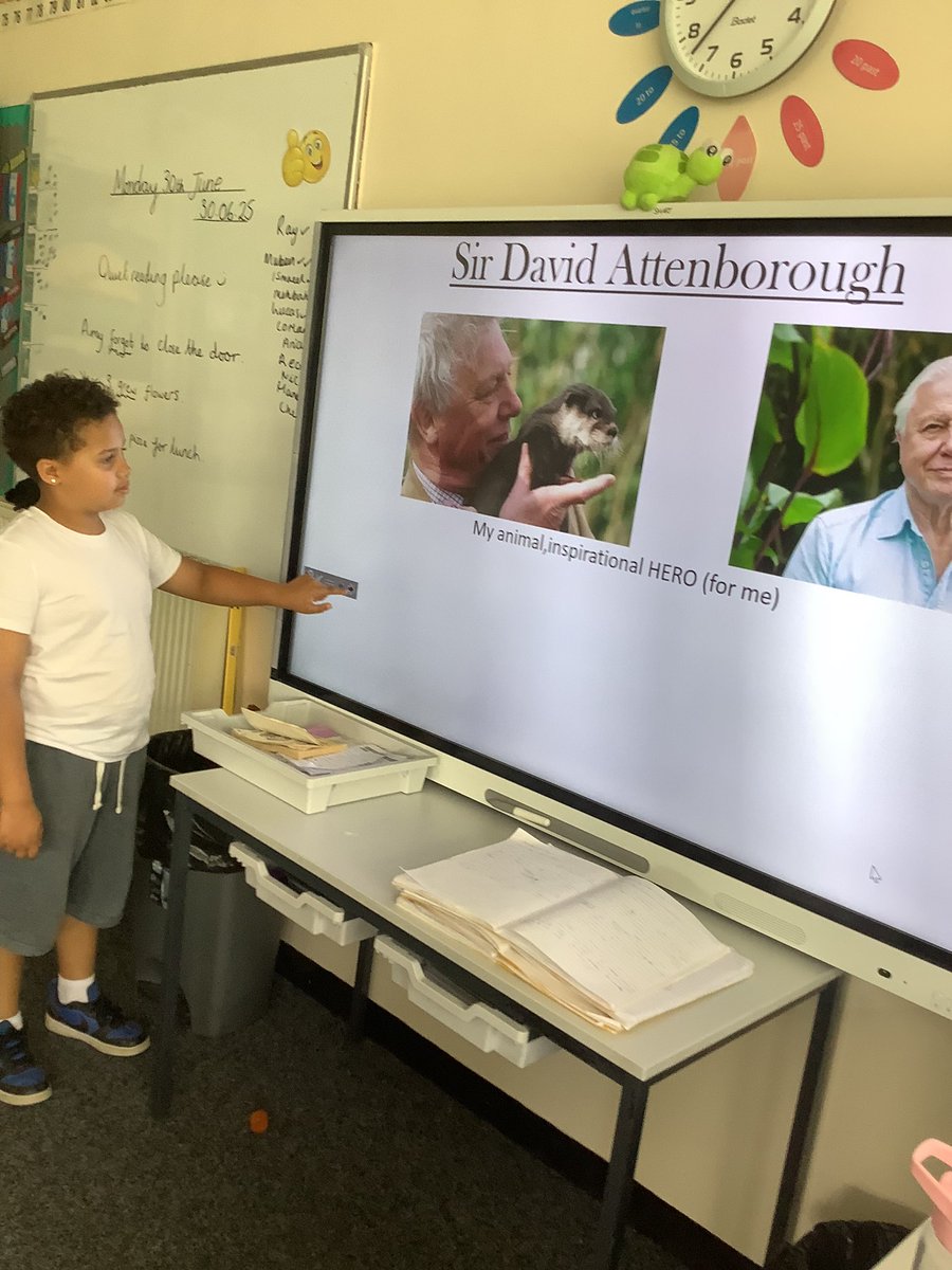 ReinwoodJuniors's tweet photo. In RE, 3B used their computing skills to create a presentation about their inspirational role model. Lots of children are inspired by Messi and Ronaldo, Lucas did a lovely presentation on Sir David Attenborough. #RJS3B https://t.co/ECtjiXZeJn