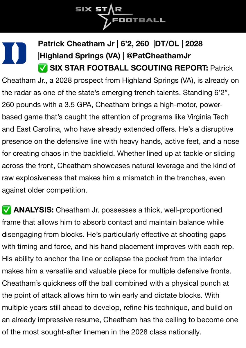 Patrick Cheatham Jr (@patcheathamjr) on Twitter photo Thank you to <a href="/sixstarfootball/">Six Star Football | PLUS+</a> for the write up after the <a href="/DukeFOOTBALL/">Duke Football</a> camp! Extremely grateful! <a href="/RecruitingHSHS/">Highland Springs🏈 Recruiting</a> <a href="/gohshsfootball/">HSHS Football</a> Thank you to <a href="/sixstarfootball/">Six Star Football | PLUS+</a> for the write up after the <a href="/DukeFOOTBALL/">Duke Football</a> camp! Extremely grateful! <a href="/RecruitingHSHS/">Highland Springs🏈 Recruiting</a> <a href="/gohshsfootball/">HSHS Football</a>