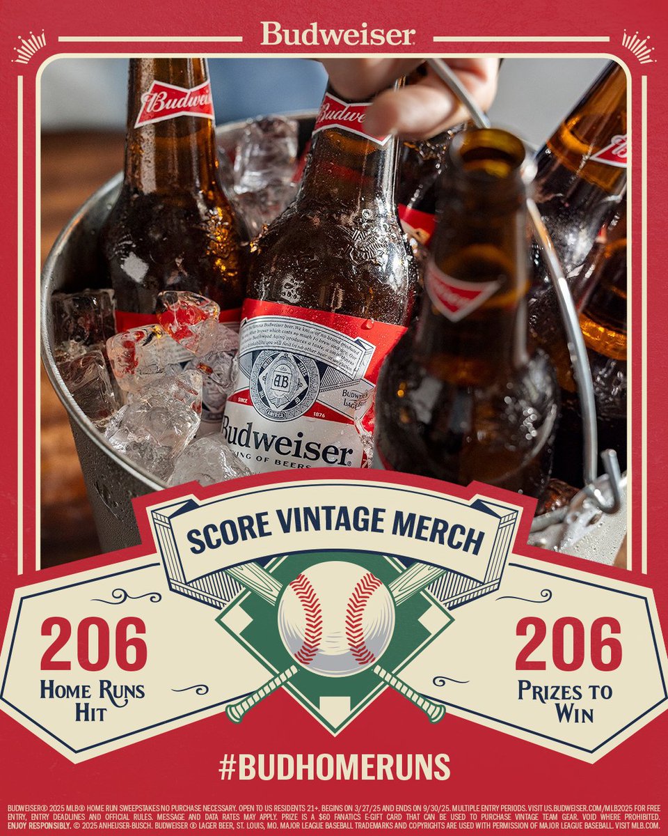 Time to count up those homers. We're tallying 206. That means 206 more chances for you to score some gear. 

Enter for your chance to score vintage MLB merch by using #BudHomeRuns #Sweepstakes