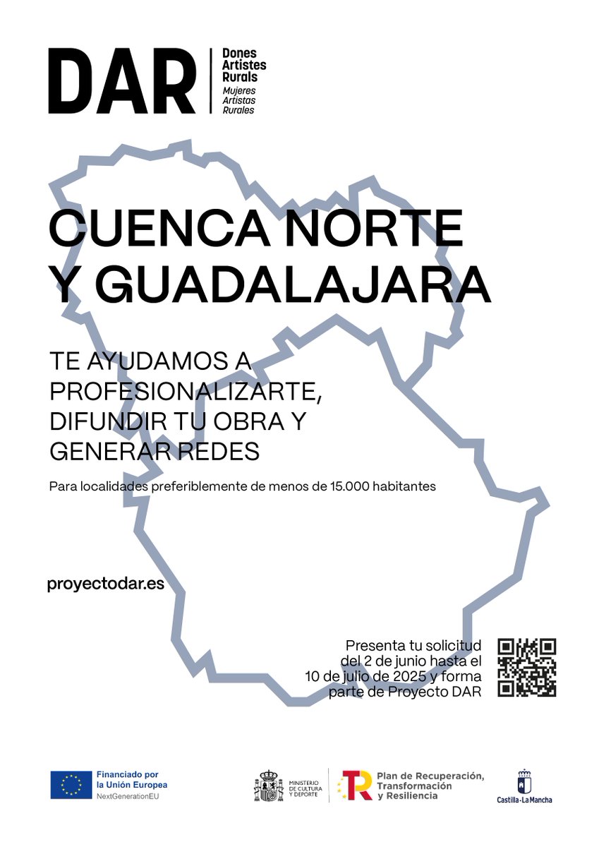 🎨¿Eres mujer, artista visual y resides en pueblos de nuestra comarca?
👉El proyecto DAR te ayuda a profesionalizarte.
👌Ofrece formación profesional y difusión de tu obra y trayectoria.
📅 Plazo: hasta el 10 de julio
ℹ️ Más info: proyectodar.es/2025-cuenca-gu…