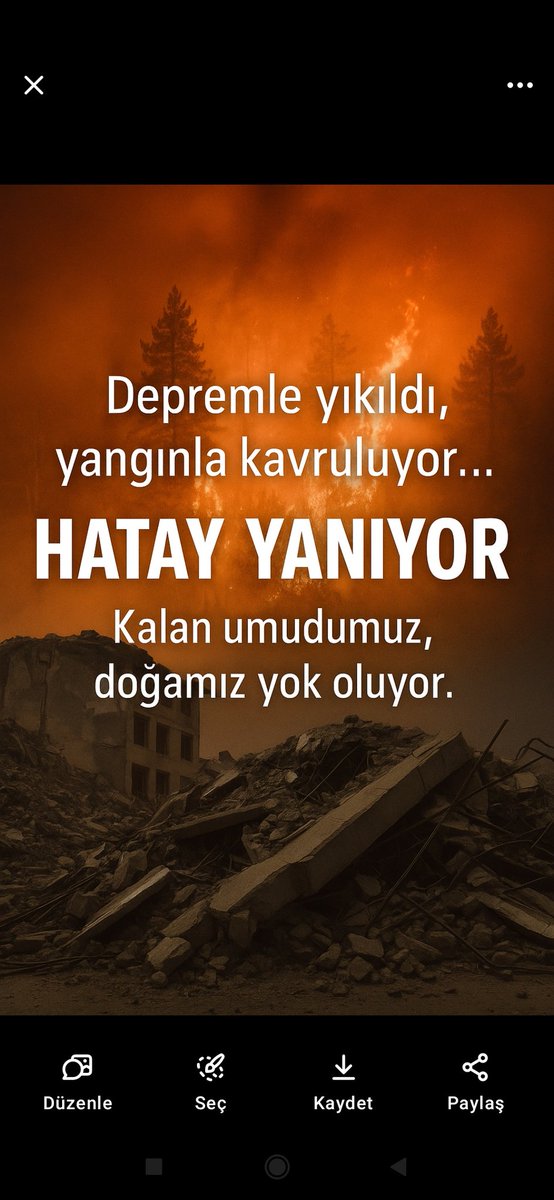 Taşları enkazda kaldı Hatay’ın,
Şimdi dalları küle dönüyor.
Bir şehir, bir halk, bir doğa…
Kaç kez daha sınanır?
Ama inanıyoruz: yangınlar sönecek herşey düzelecek
Küllerinden yeniden doğacak.
Sen yeter ki susma, unutma. 😭😭🔥 #HatayYanıyor #HatayİçinDuaEt