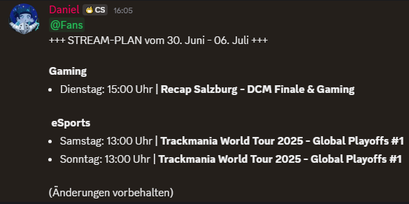 aes_danielz's tweet photo. Zurück aus Salzburg, gibt es den neuen Streamplan für euch.
Morgen gibt es ein kleinen Recap von meiner Reise in Salzburg beim Finale der #DACHCSMasters
Und ab Samstag gibtes wieder eSports mit den Global Playoffs der #TMWT
Damit euch eine hoffentlich kühle & schöne Woche https://t.co/We6uAoYh4L