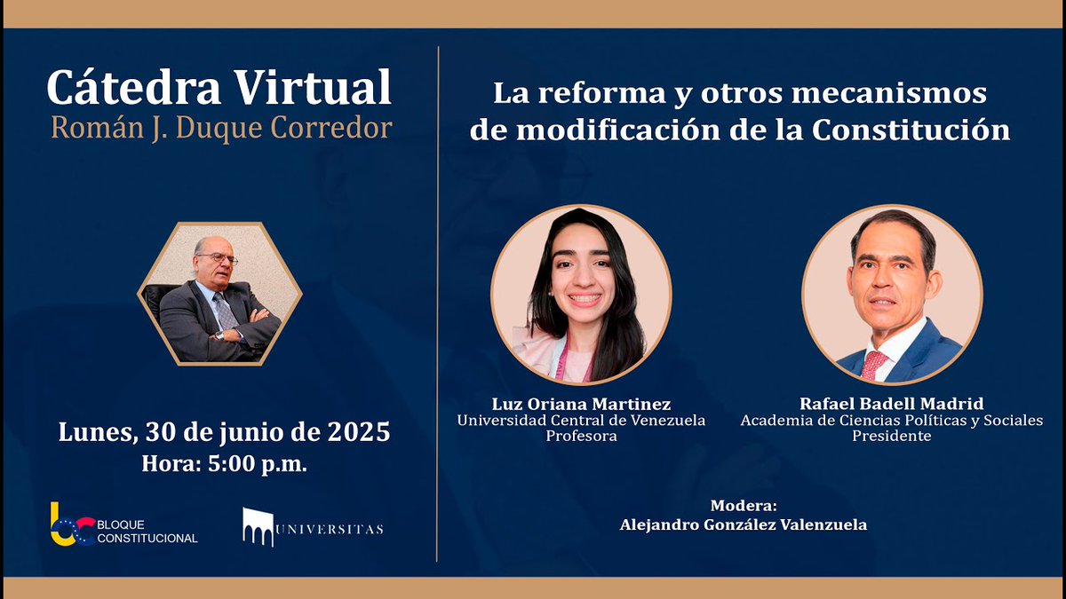 Rafael Badell Madrid (@rbadell) on Twitter photo (1/3) Me complace invitarles a la videoconferencia “La reforma y otros mecanismos de modificación de la Constitución”, que se llevará a cabo el día de hoy, lunes 30 de junio de 2025, a las 5:00 p. m. (hora de Venezuela). El evento es organizado por <a href="/bloquec2023/">Bloque Constitucional de Venezuela</a> y @Universitasf. (1/3) Me complace invitarles a la videoconferencia “La reforma y otros mecanismos de modificación de la Constitución”, que se llevará a cabo el día de hoy, lunes 30 de junio de 2025, a las 5:00 p. m. (hora de Venezuela). El evento es organizado por <a href="/bloquec2023/">Bloque Constitucional de Venezuela</a> y @Universitasf.