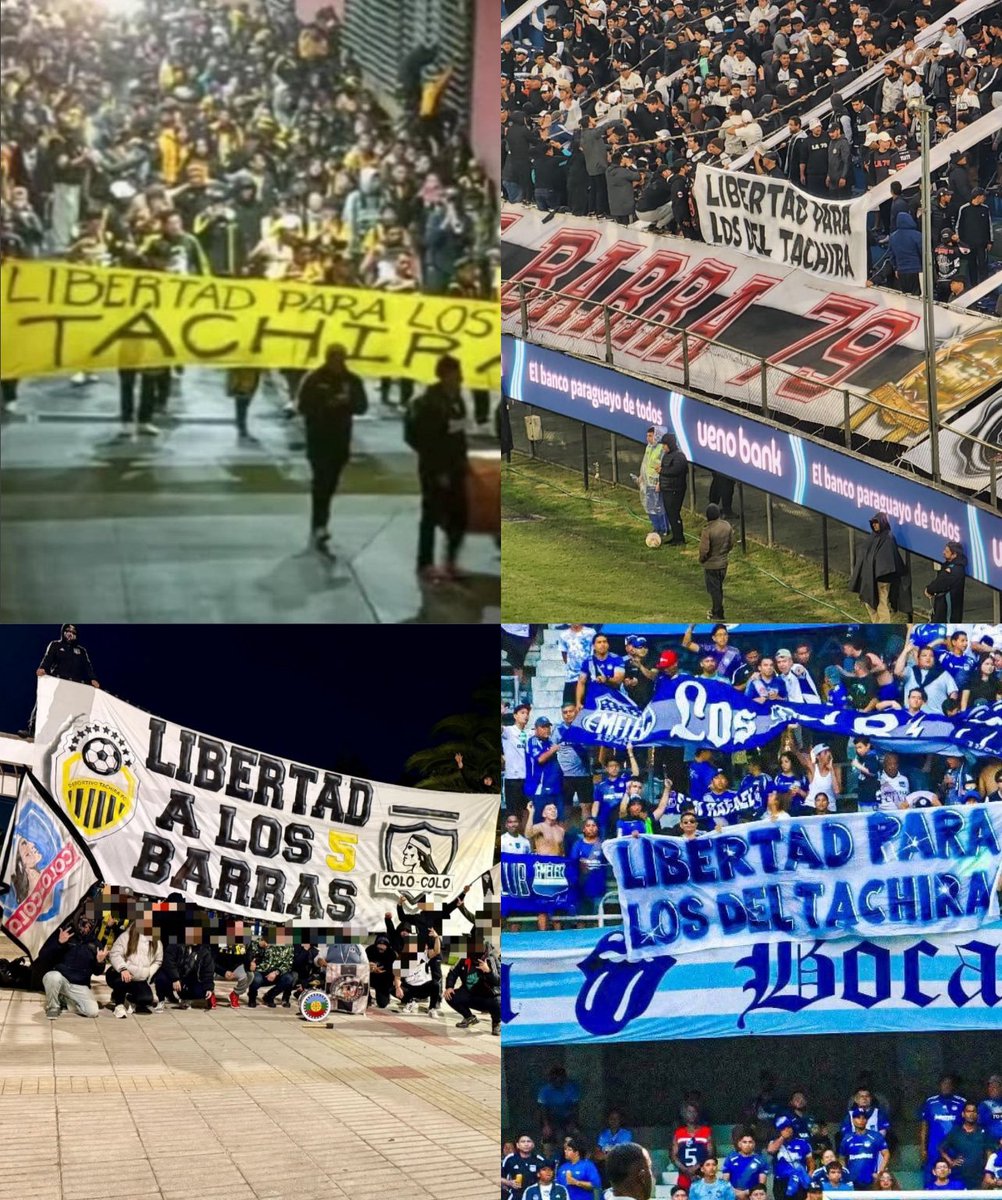Barras de diferentes países, exhiben trapos en apoyo a los hinchas de Táchira detenidos.