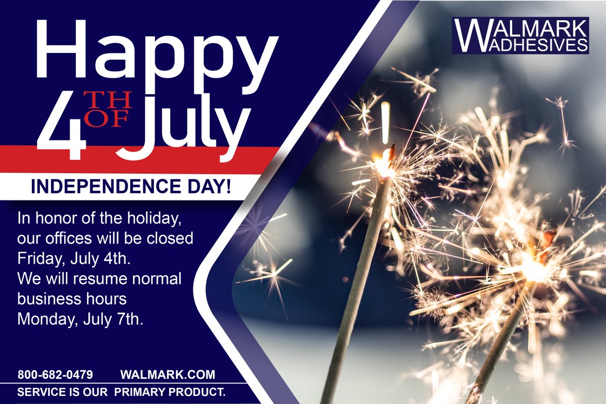 Thank you for being one of our valued customers. It’s a special day to celebrate your continuous effort and support. In honor of the holiday, our offices will be closed Friday, July 4th.
We will resume normal business hours Monday, July 7th.
walmark.com