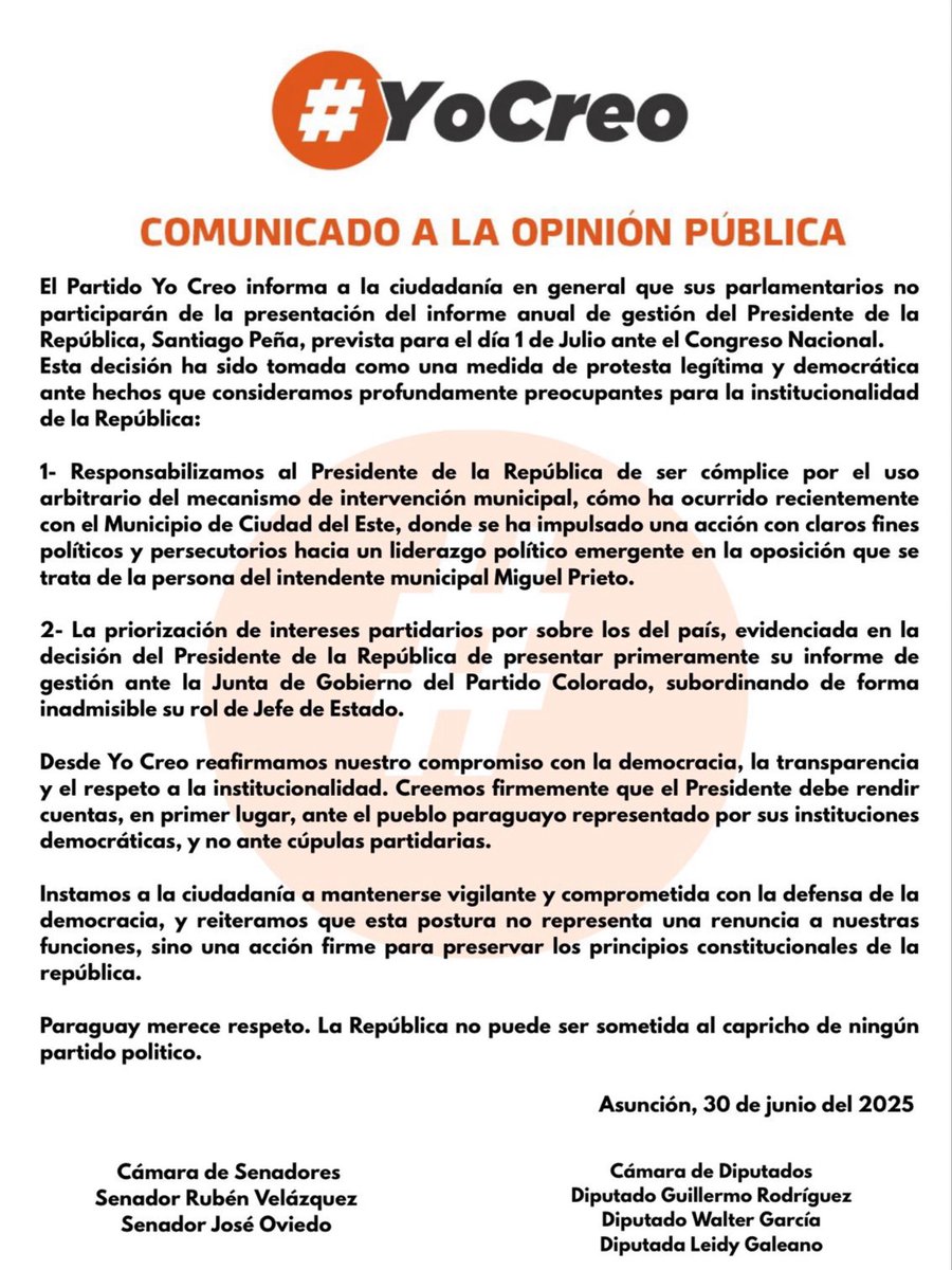 Comunicado a la opinión pública 🗣️🇵🇾
#YoCreo #YoCreoPy