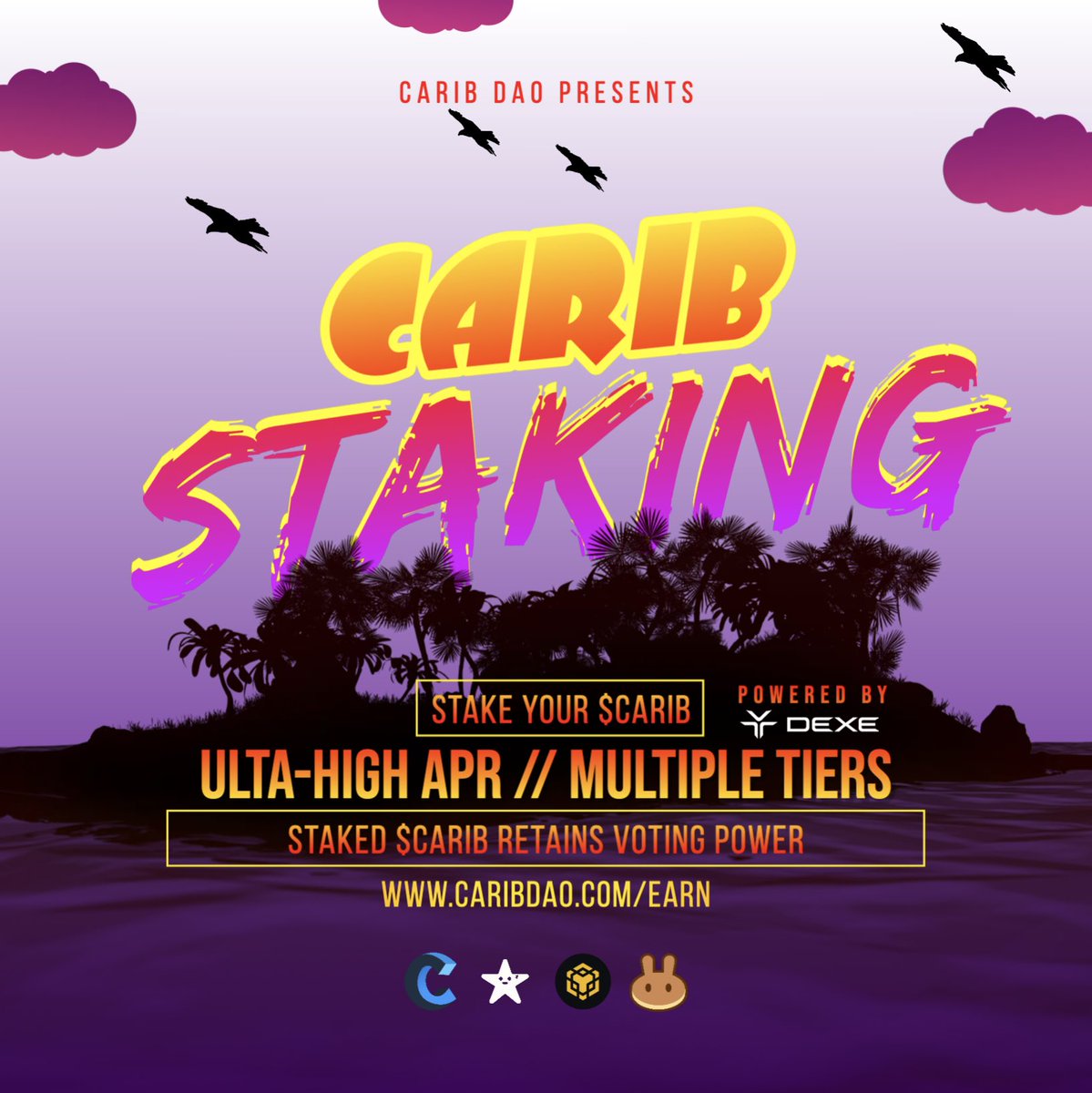 Carib DAO (@caribdao) on Twitter photo ๐๏ธCARIB Staking Enabled!
Staking begins July 1st with a 30-day staking assay and a 500k $CARIB #StakingRewards pool on <a href="/DexeNetwork/">DeXe Protocol</a>
๐ High APR
๐ More Tiers TBA
๐ Retain Voting Power
โก๏ธ app.dexe.io/dao/0x04a7419dโฆ
โน๏ธ Need help? Join discord.caribdao.com
#DEXE #BuildOnBNB ๐๏ธCARIB Staking Enabled!
Staking begins July 1st with a 30-day staking assay and a 500k $CARIB #StakingRewards pool on <a href="/DexeNetwork/">DeXe Protocol</a>
๐ High APR
๐ More Tiers TBA
๐ Retain Voting Power
โก๏ธ app.dexe.io/dao/0x04a7419dโฆ
โน๏ธ Need help? Join discord.caribdao.com
#DEXE #BuildOnBNB
