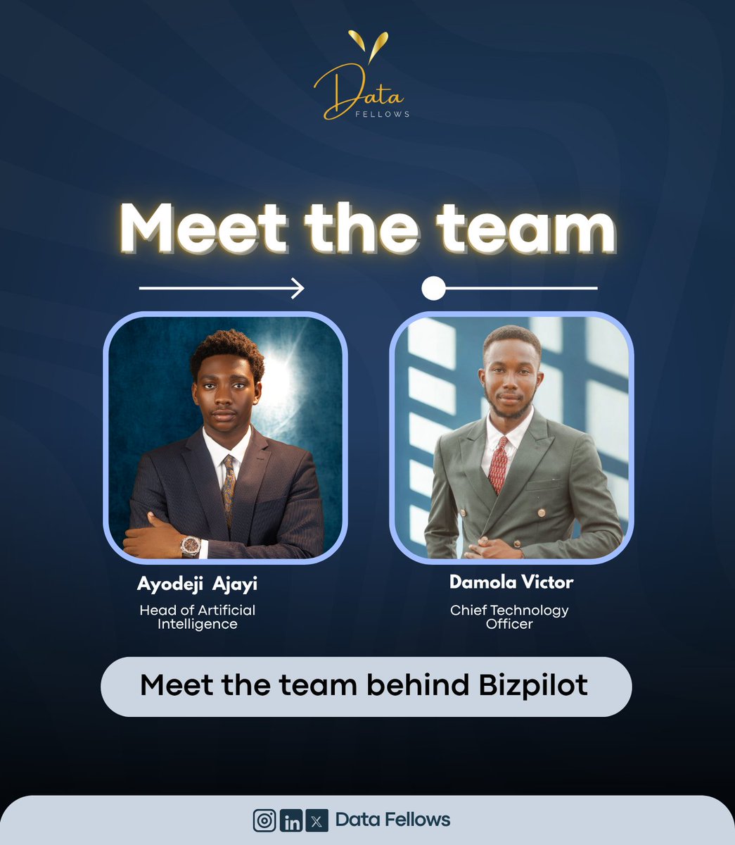 DatafellowsInfo's tweet image. Meet the team behind #BizPilot

@ayyodeji_  – Head of AI
@victor_damola – CTO
They&apos;ve built the platform that helps you hire top data talent with just a few clicks.
Data pros + smart AI + seamless tech = you can imagine the outcome.

Join us 👉 datafellowsai.com

#DataFam