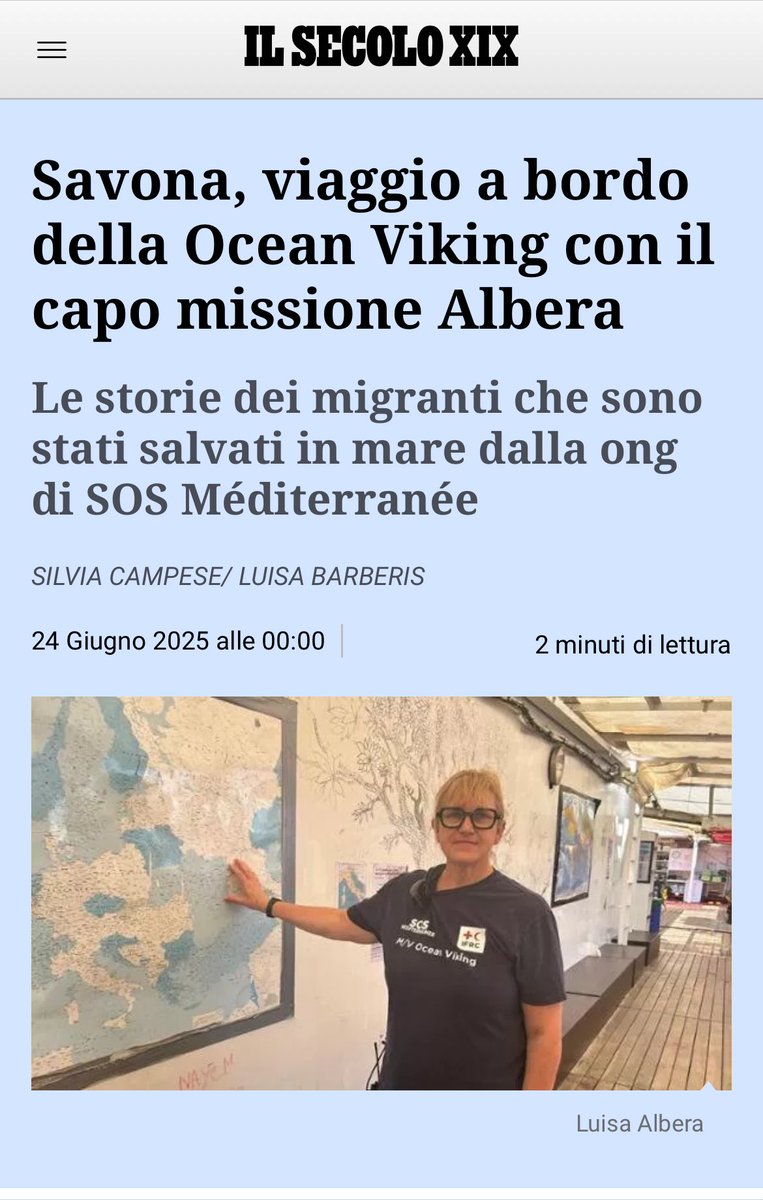 SOS MEDITERRANEE ITA (@sosmeditalia) on Twitter photo Luisa Albera è coordinatrice SAR sulla nostra nave #Oceanviking.
Qui la sua testimonianza sugli ultimi salvataggi e alcune delle storie dei naufraghi salvati
Via <a href="/ilsecoloxix/">Il Secolo XIX</a>
ilsecoloxix.it/savona/2025/06… Luisa Albera è coordinatrice SAR sulla nostra nave #Oceanviking.
Qui la sua testimonianza sugli ultimi salvataggi e alcune delle storie dei naufraghi salvati
Via <a href="/ilsecoloxix/">Il Secolo XIX</a>
ilsecoloxix.it/savona/2025/06…