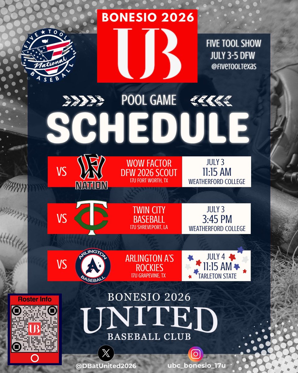 D-Bat United 17u - United Baseball Club 2026 (@dbatunited2026) on Twitter photo OUR <a href="/DBatUNITED2026/">UBC - Bonesio 2026</a> NEXT TOURNAMENT
Five Tool Show (TCU/Tarleton State/ Various HS Locations)
Pool Schedule attached
🗓️ July 3-5
🎯 12-3
<a href="/FiveToolTexas/">✭Five Tool Texas✭</a> <a href="/FiveTool/">Five Tool Baseball</a> <a href="/jkahn_5/">Jeffrey Kahn</a> <a href="/UnitedBC_USA/">United Baseball Club</a> OUR <a href="/DBatUNITED2026/">UBC - Bonesio 2026</a> NEXT TOURNAMENT
Five Tool Show (TCU/Tarleton State/ Various HS Locations)
Pool Schedule attached
🗓️ July 3-5
🎯 12-3
<a href="/FiveToolTexas/">✭Five Tool Texas✭</a> <a href="/FiveTool/">Five Tool Baseball</a> <a href="/jkahn_5/">Jeffrey Kahn</a> <a href="/UnitedBC_USA/">United Baseball Club</a>