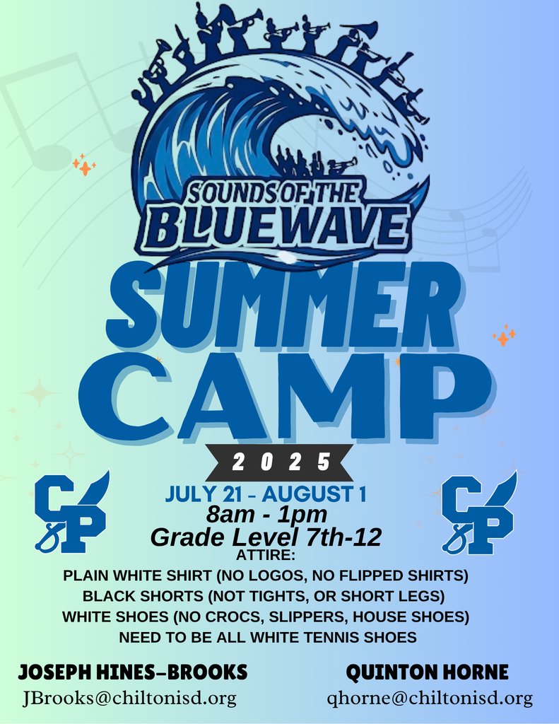 Pirate Nation, it's that time of year that the Blue Wave Band begins to prepare for an exciting upcoming year.  Summer band camp will begin July 21st for grade levels 7-12. All who want to participate in band this year, please attend. Go Blue Wave!