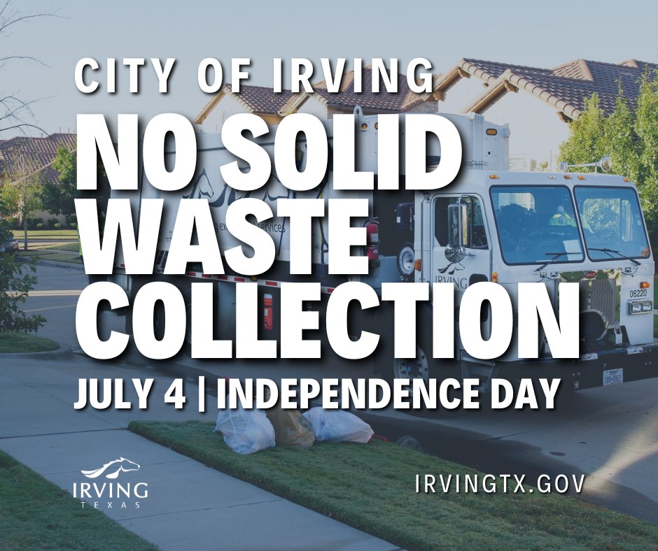 In observance of Independence Day:
- No residential trash, recycling, or brush/bulky collection on July 4.
- City facilities closed July 4 include City Hall, libraries, recreation centers, and more.
Normal business hours resume Monday, July 7.
irvingtx.gov/index.php?sect…