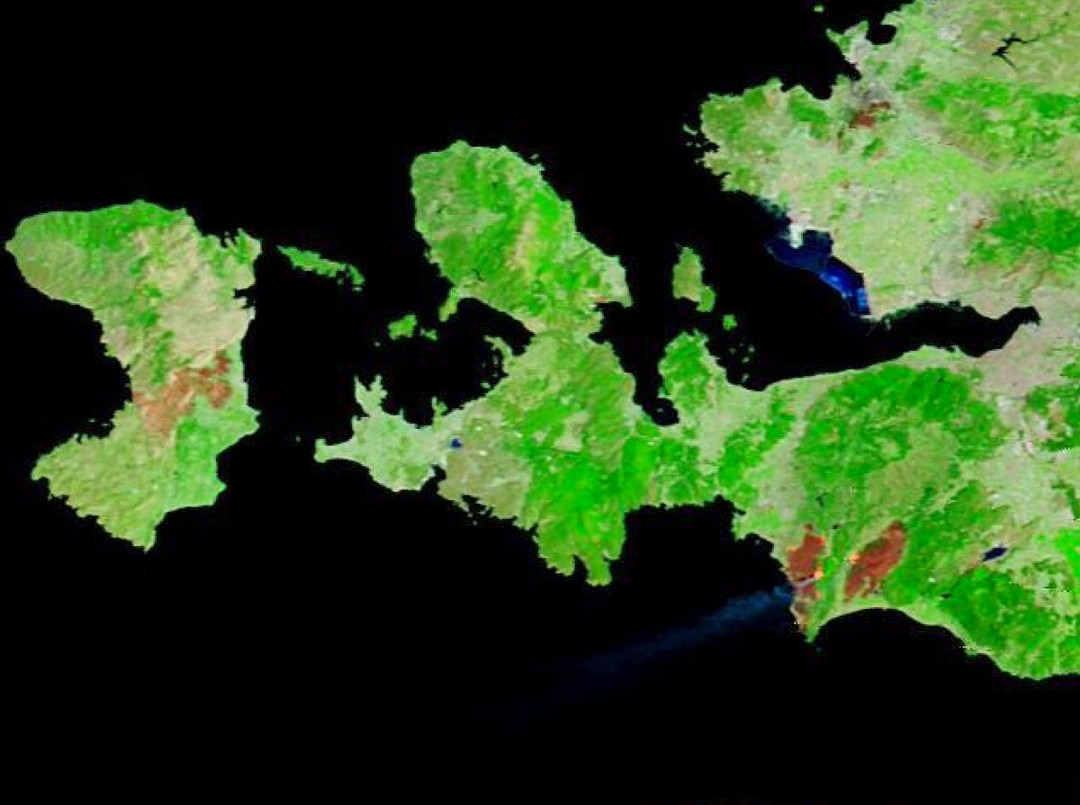 İzmir'de yanmakta olan alanlar... Karşı kıyıda Sakız Adası geçen hafta aynı felaketi yaşadı...