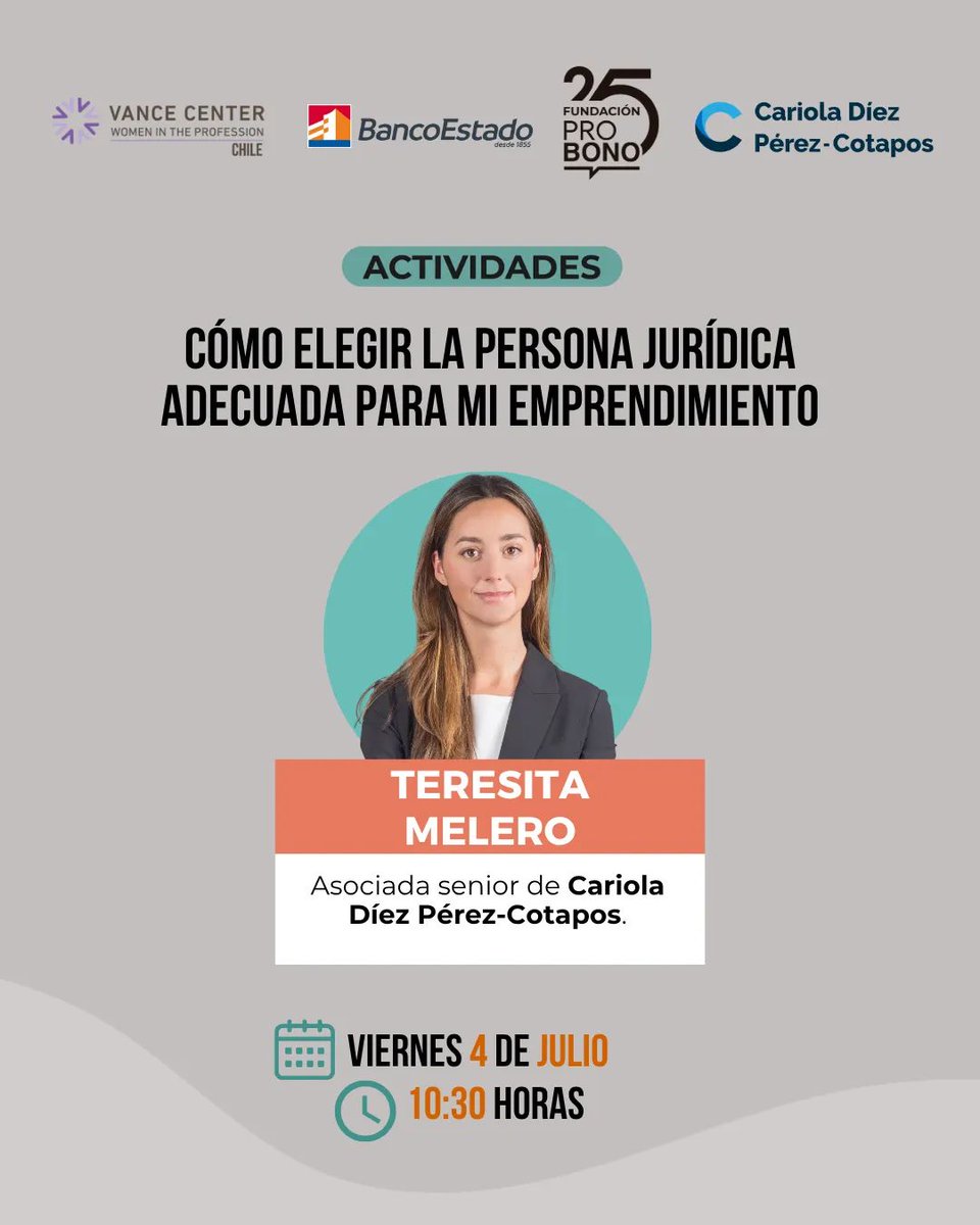 📢¡Nueva charla junto a CreceMujer de <a href="/BancoEstado/">BancoEstado</a> y <a href="/VanceCenter/">Vance Center for International Justice</a>! 

📌Este viernes: "Cómo elegir la persona jurídica adecuada para mi emprendimiento", por Teresita Melero, abogada de Cariola Díez Pérez-Cotapos.

📺Transmisión en vivo a través del Facebook de CreceMujer.