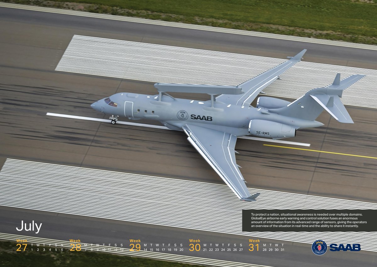 Saab's tweet image. Introducing the GlobalEye calendar image for July 2025 🗓️
The GlobalEye #AEWC solution fuses an enormous amount of information from its advanced range of sensors, giving the operators an overview of the situation in real-time and the ability to share it instantly. #saabinthesky