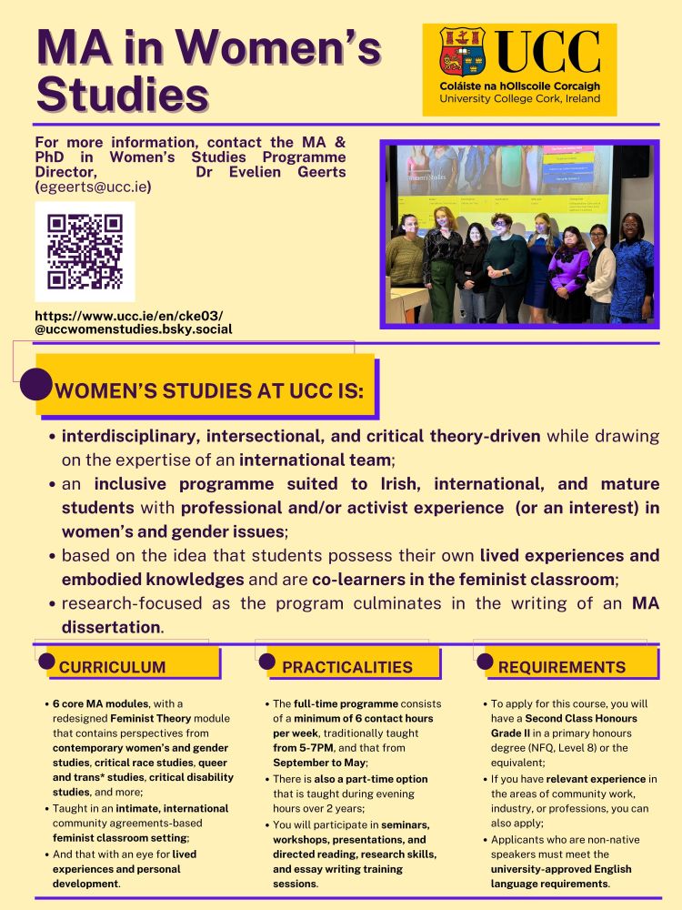 Women's Studies, UCC (@uccwomenstudies) on Twitter photo EU & Irish students/professionals can still apply to
<a href="/CACSSS1/">UCC Arts, Celtic Studies and Social Sciences</a> <a href="/uccwomenstudies/">Women's Studies, UCC</a> MA program - use the QR code on the poster below for more info & various testimonials from current & past students. Do feel free to spread the word! #UCC #postgrad #MA #Ireland #womensandgenderstudies EU & Irish students/professionals can still apply to
<a href="/CACSSS1/">UCC Arts, Celtic Studies and Social Sciences</a> <a href="/uccwomenstudies/">Women's Studies, UCC</a> MA program - use the QR code on the poster below for more info & various testimonials from current & past students. Do feel free to spread the word! #UCC #postgrad #MA #Ireland #womensandgenderstudies