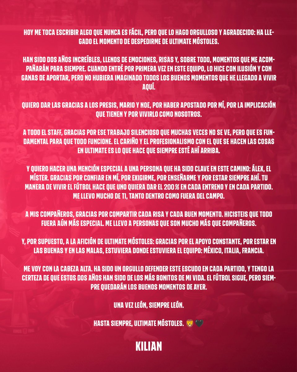 9️⃣ Hoy toca despedir a una leyenda.

🏆 Nuestro capitán y referente deja la Kings League para afrontar nuevos retos, tras conquistar Copa y Liga con este escudo.

🖤 Gracias por tu entrega. Te echaremos de menos.

🦁 La Mostoleta siempre será tu casa.