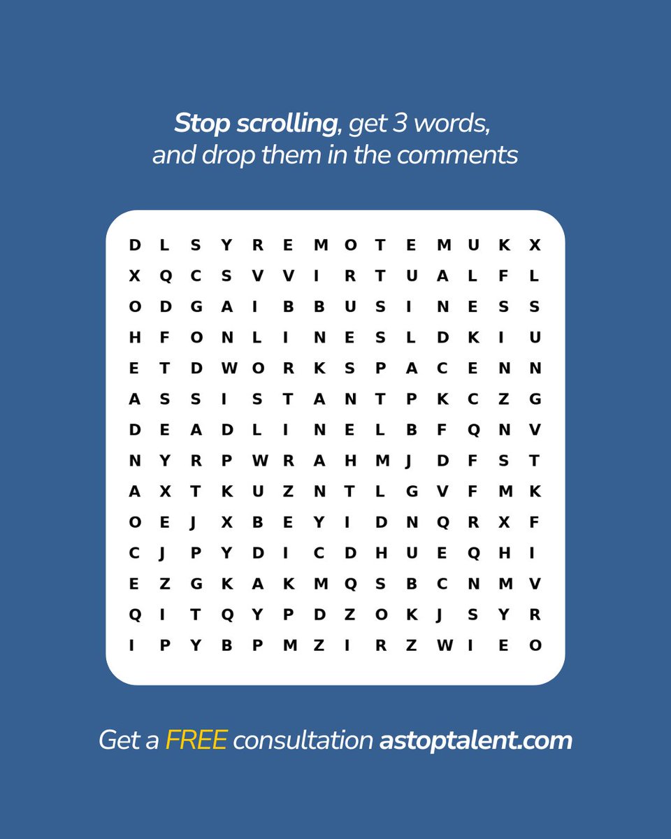 ASTopTalent's tweet photo. 📱Stop scrolling! Find 3 words in this word search &amp; drop them in the comments.  Win a FREE consultation with https://t.co/DumCZOyxbE! 🥳 #RemoteWork #WordSearch #LATAMTalent #FreeConsultation https://t.co/qryx88biF7