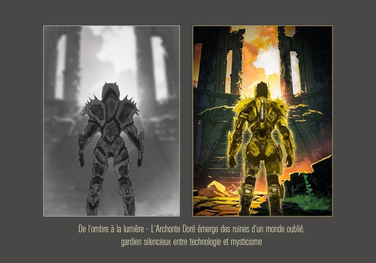 Darkoo_Studio's tweet photo. "De l'ombre à la lumière" -  An ancient guardian emerges from forgotten ruins, where technology and mysticism collide ⚔️✨
#ConceptArt #SciFiArt #CharacterDesign #DigitalArt https://t.co/J3CYxGsaTm