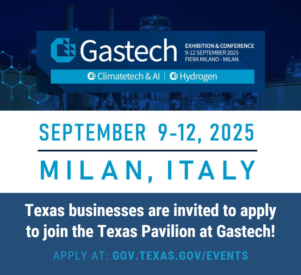 TexasEconDev's tweet image. Promote your product or service to the global #energy industry! We are now taking applications from Texas businesses interested in joining us at @GastechEvent. There is no cost to participate in the shared #TexasPavilion. Apply by July 11 >> bit.ly/4dZBDNF