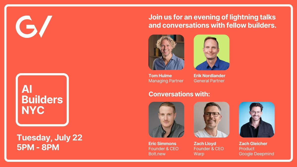 thulme's tweet image. Looking forward to our first AI Builders NYC event in a few weeks. We’ll hear from @EricSimons of @boltdotnew, @zachlloydtweets of @warpdotdev and Zach Gleicher from @deepmind.
If you’re building something in NYC, there’s still some room to join us lu.ma/w0smc6cs
