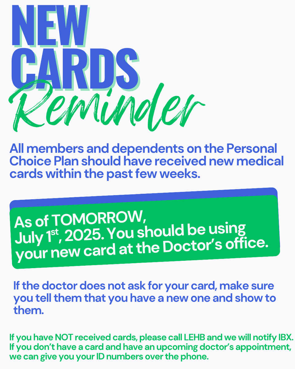 LEHB2233's tweet photo. Independence Blue Cross has changed systems. As a result, all members and dependents on the Personal Choice Plan should've received new cards to be used starting July 1st, 2025. If you have any questions please call LEHB at 215-763-8290. https://t.co/pdwyaLuO3p