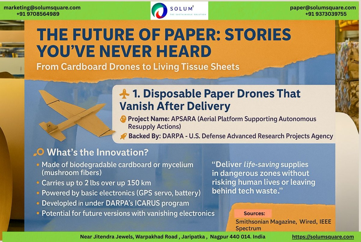solumsquar's tweet photo. 📚 From Solum Square: The Paper That Tells Paper���s Future
You’ve never read a story like this... because it’s about paper that flies. ✈️

Meet APSARA — a one-time-use drone made from cardboard &amp; mushroom fibers 🍄

Read it. Share it. Believe it. https://t.co/LgY0oKHc80