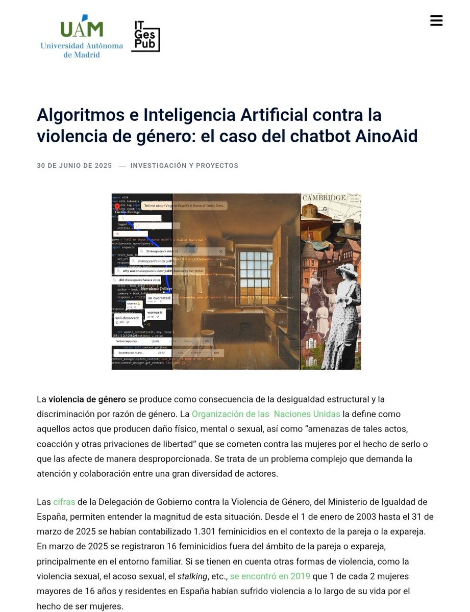 💥 Ya está disponible el post de junio del #BlogITGesPub 📬

🤖 Te interesa el potencial de los #chatbots en el ámbito del #sectorpúblico ⁉️

✍️ Nuestra compañera <a href="/ArianaGuevaraG/">Ariana Guevara Gómez</a> aborda el caso de <a href="/we_encourage/">AinoAid™️ chatbot</a> contra la #ViolenciaDeGénero ♀️

🔗 Accede: itgespub.net/algoritmos-e-i…